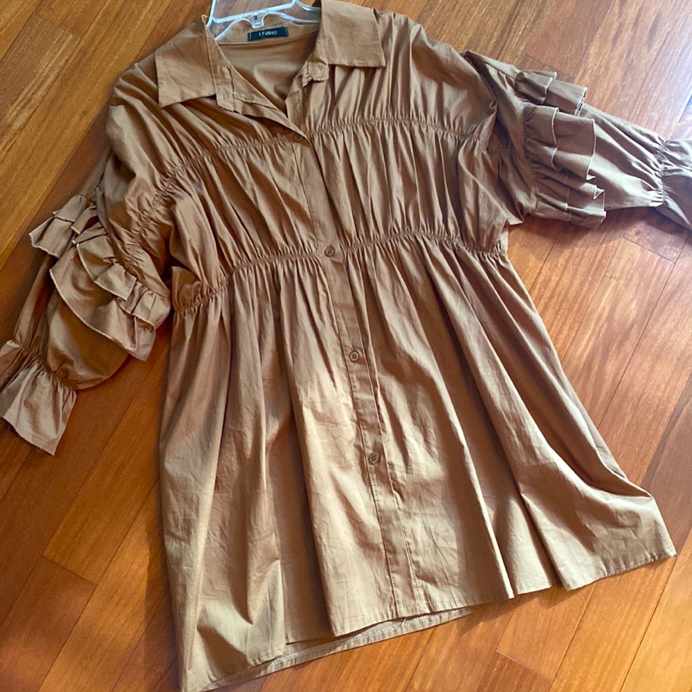 ALPHA STUDIO Brown Frill Ruffle Sleeve Shift Dress - Measures Medium